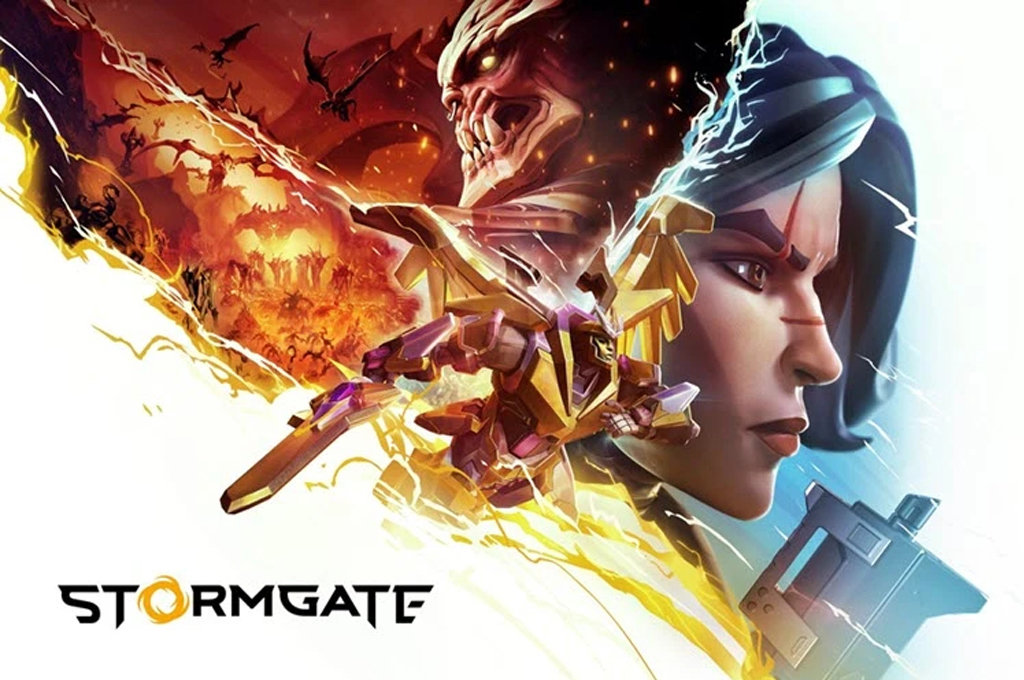 Logo Stormgate avec l'héroïne humaine et la faction démoniaque face à face