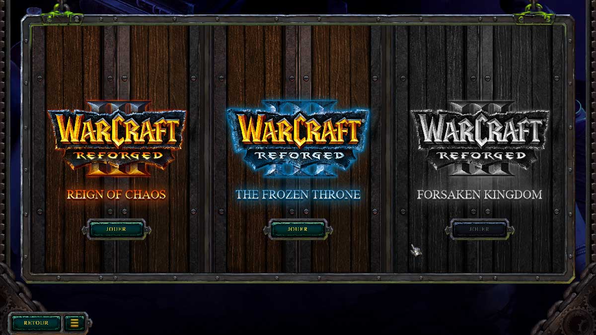 Les trois campagnes de Warcraft III, dont Forsaken Kingdom grisée car accessible uniquement via un achat à 30 euros