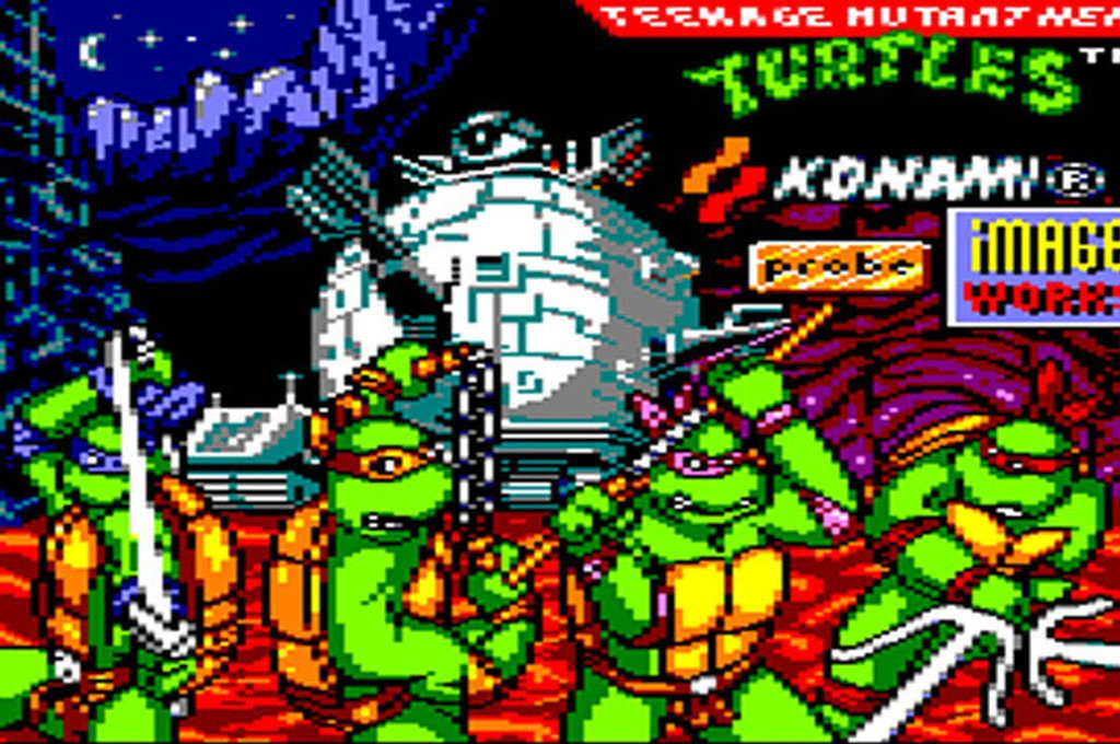 Écran de chargement du jeu Teenage Mutant Hero Turtles sur Amstrad CPC, montrant les quatre tortues devant le Technodrome