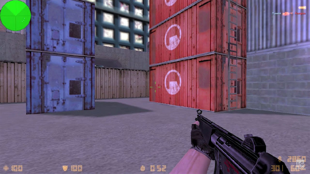 Screenshot of CS_Assault map in Counter-Strike 1.7, with a ladder attached to shipping containers