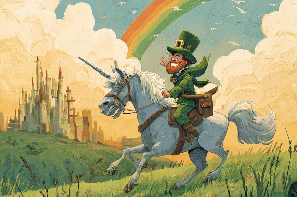 Une illustration fantastique d'un leprechaun chevauchant une licorne sous un arc-en-ciel, symbolisant une hallucination visuelle.