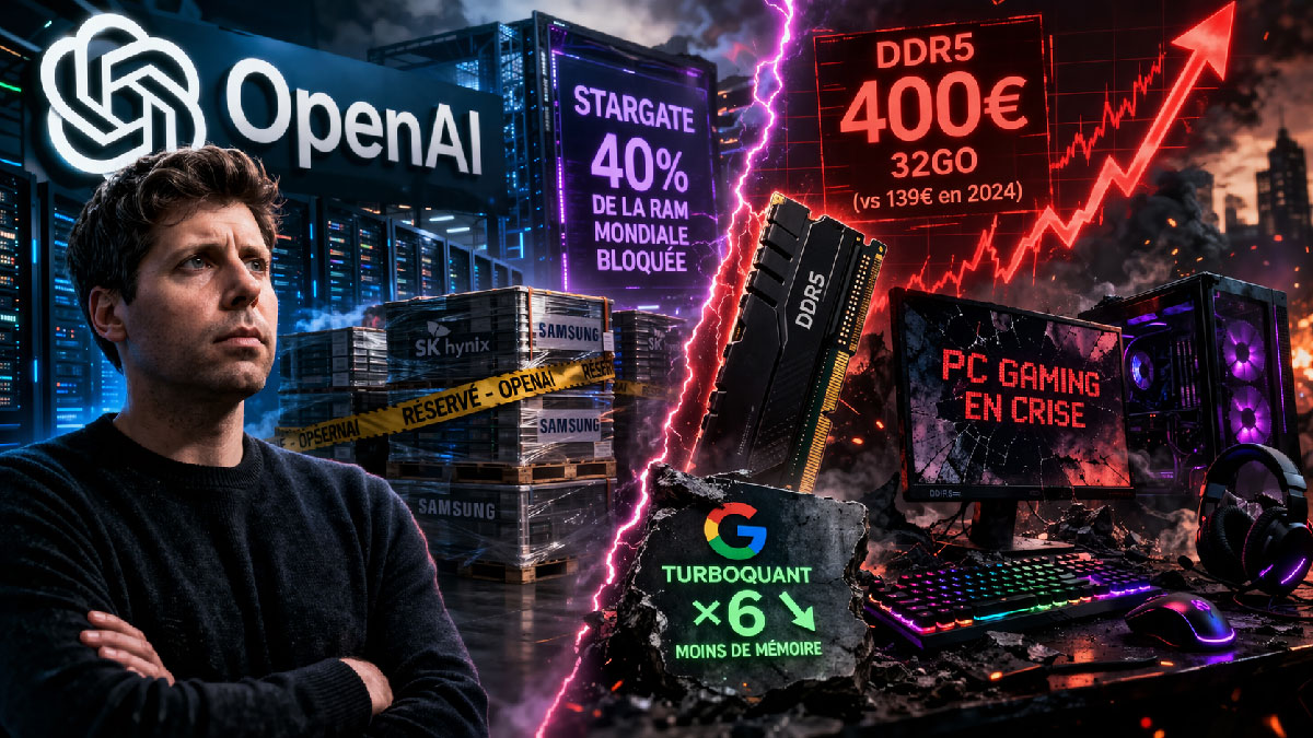 Sam Altman devant un fond montrant des modules de mémoire vive DDR5 et des graphiques de prix en explosion