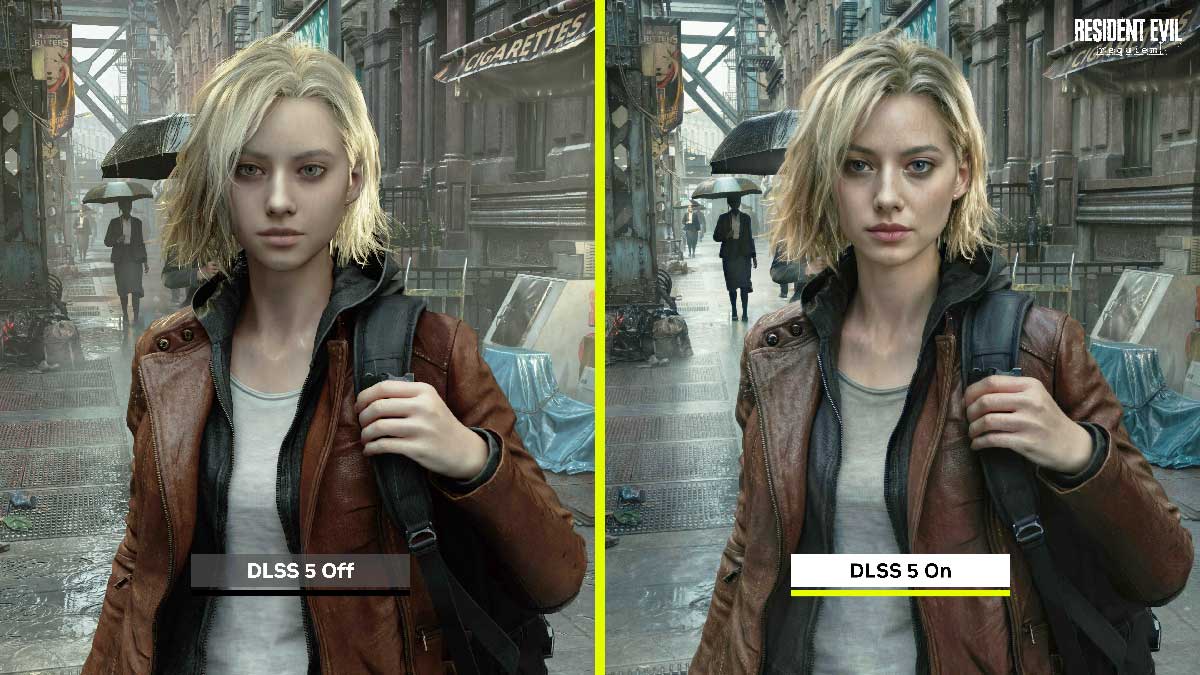 Comparaison avant/après du personnage Grace dans Resident Evil Requiem : à gauche le rendu original, à droite le lissage DLSS 5
