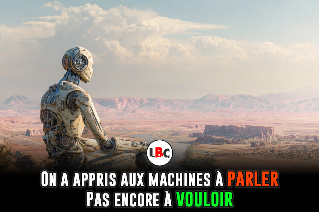 Un robot humanoïde à l'esthétique épurée, assis de manière pensive, contemplant un horizon désertique et grandiose