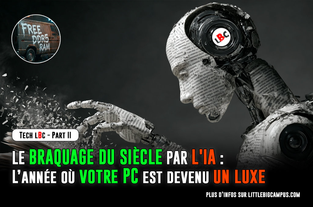 Un androïde futuriste absorbant le savoir d'un livre qui se désintègre en particules de données numériques