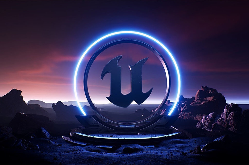 Le logo emblématique "U" de l'Unreal Engine illuminé par un néon bleu futuriste