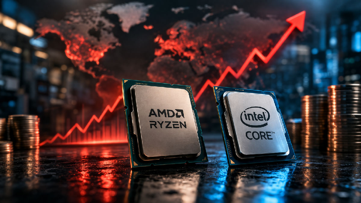 Processeurs Intel et AMD posés sur une carte du monde avec un graphique boursier en forte hausse