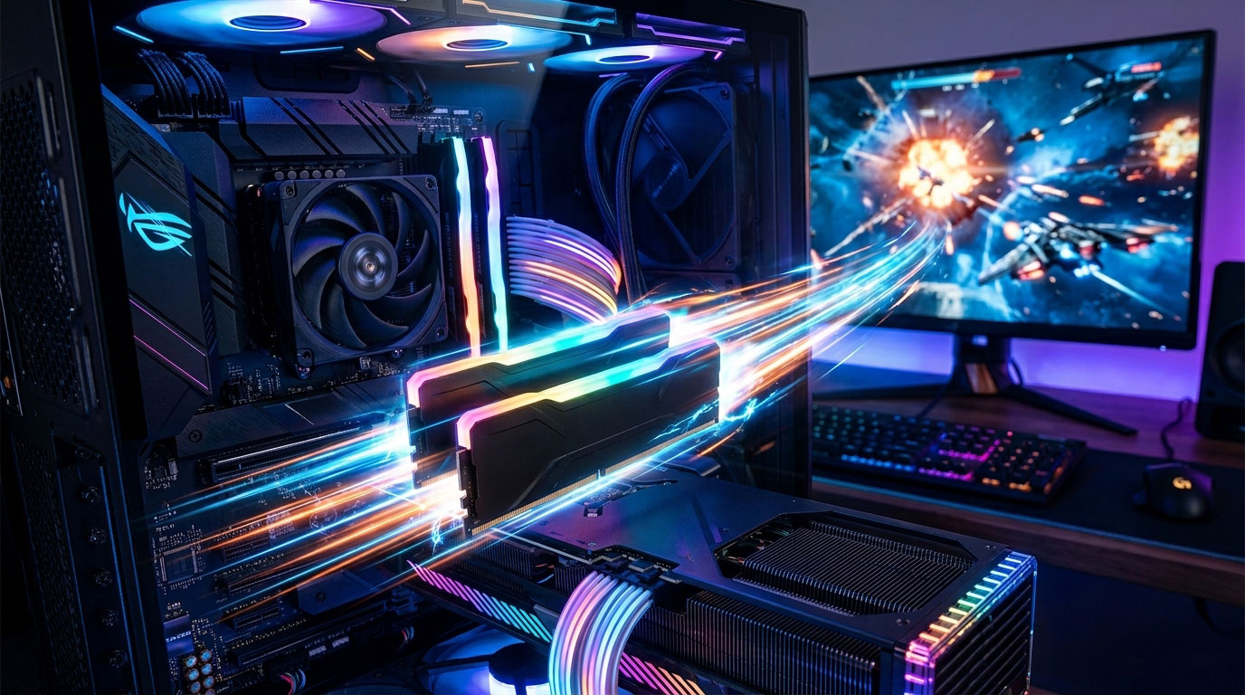 Installation de barrettes de RAM DDR5 Crucial dans un PC gaming en 2026