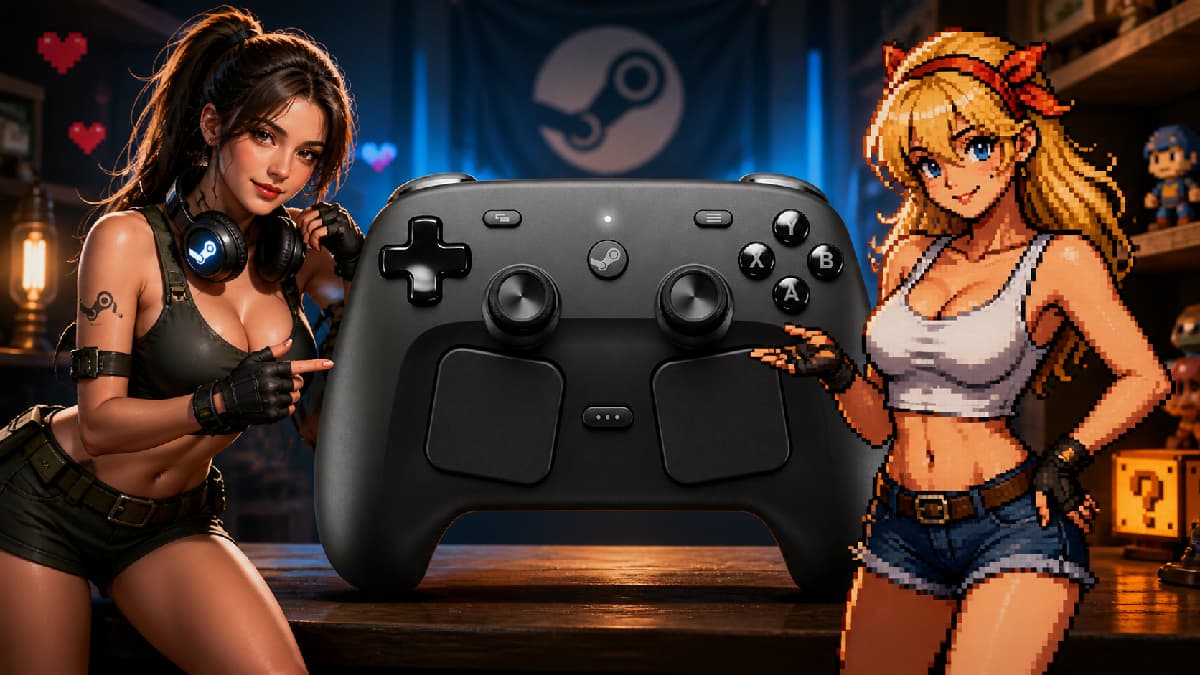 Close-up of the 2026 Steam Controller featuring two pinups, one in 4K graphics and the other in retrogaming style