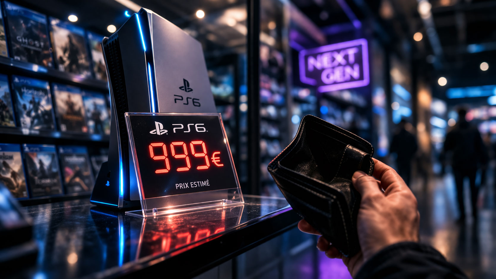 Une main tenant un portefeuille vide devant une console PlayStation 6 affichant un prix de 999 euros
