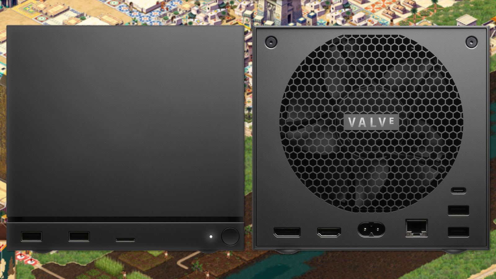 Photo officielle de la Steam Machine 2026 de Valve, vue de face et de dos, design cubique compact