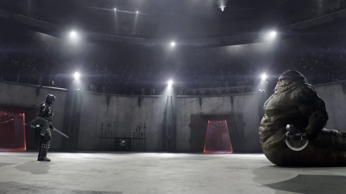 Din Djarin vs Rotta le Hutt dans l'arène dans The Mandalorian 2026