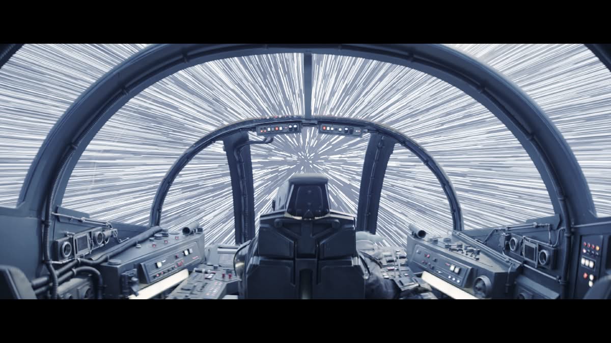 Fin du film The Mandalorian 2026 : vaisseau passant en hyperespace