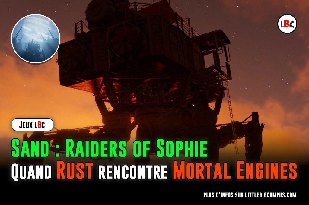 Un Trampler, base mobile géante sur pattes, traversant le désert de la planète Sophie sous un soleil couchant flamboyant