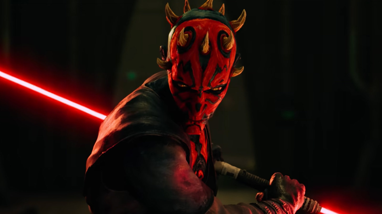 Dark Maul brandissant son double sabre laser rouge iconique, se détachant sur un fond noir minimaliste et menaçant