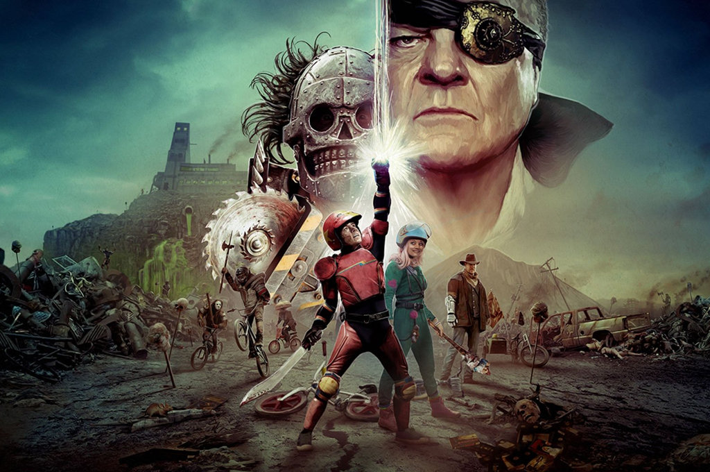 Affiche officielle du film Turbo Kid montrant les héros sur leurs BMX au premier plan et le visage menaçant de Michael Ironside en arrière-plan