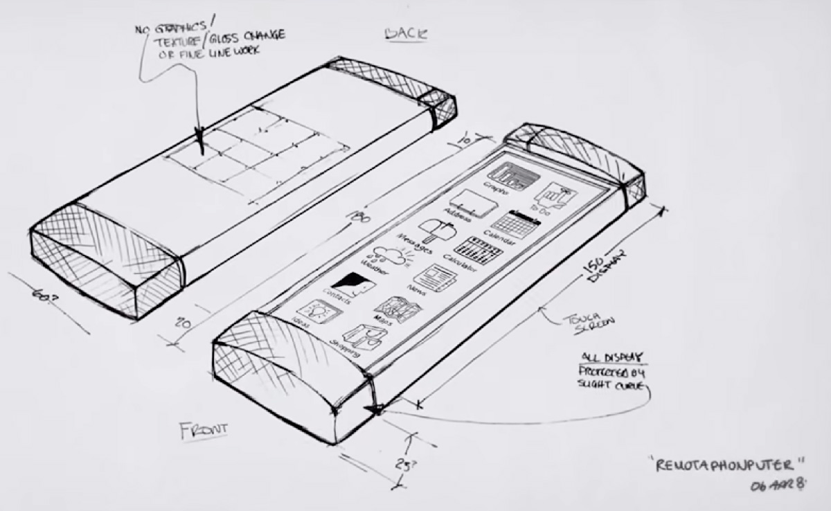 First prototype sketch of the Pocket Crystal, a personal communication device imagined by Marc Porat in 1989