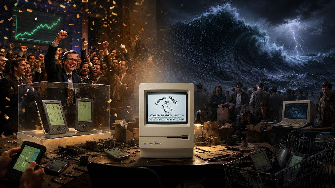 Illustration General Magic 1994-1995 : stock market euphoria on the left, the Internet wave on the right, an exhausted engineer facing the collapse of his prototypes