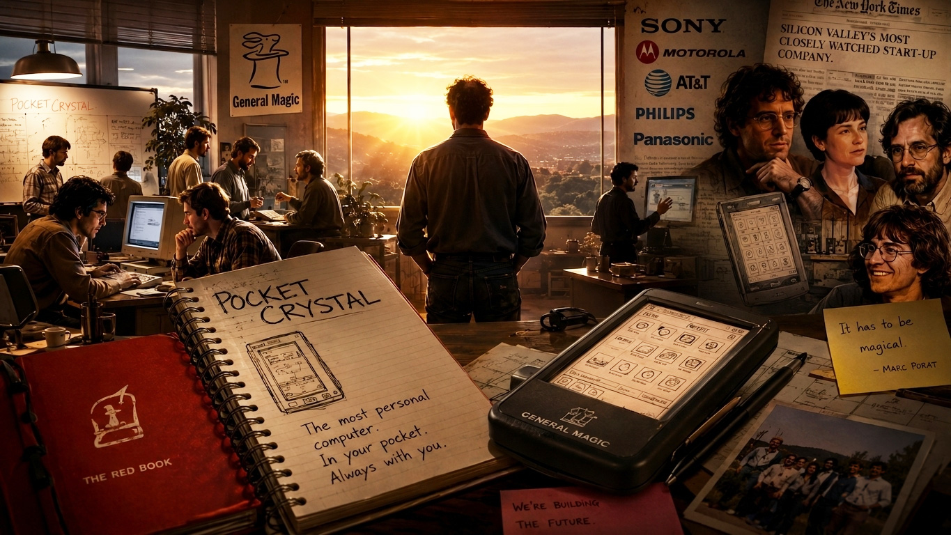 General Magic Silicon Valley 1990 concept illustration, Marc Porat and the Pocket Crystal device, early smartphone pioneers workspace