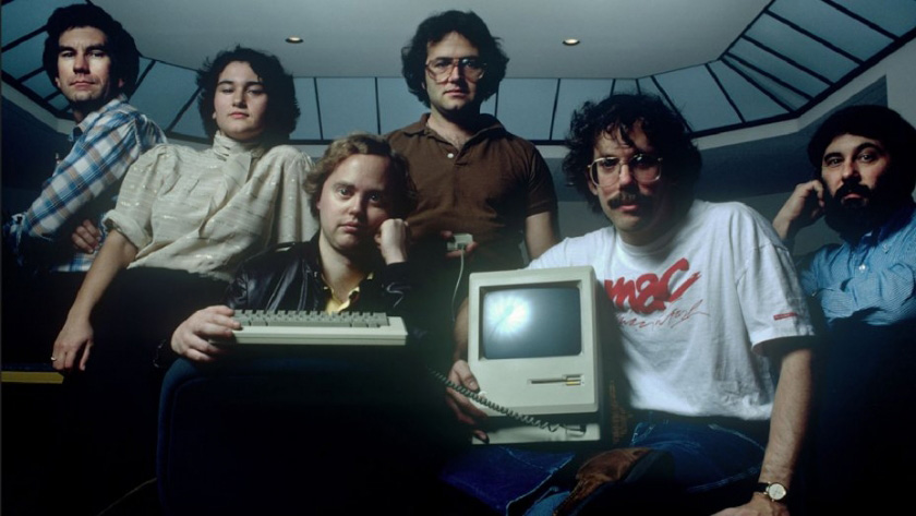 The historic Macintosh team photo by Norman Seeff featuring George Crow, Joanna Hoffman, Burrell Smith, Andy Hertzfeld, Bill Atkinson, and Jerry Manock