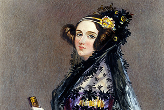 Gravure colorisée d'Ada Lovelace, pionnière de l'informatique, en tenue victorienne.