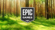Logo officiel de l'Epic Games Store flottant devant une forêt mystérieuse et lumineuse.