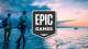 Logo Epic Games sur fond de plage en fin d'été avec deux pêcheurs
