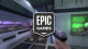 Logo Epic Games devant une image floutée d'un robot tirée d'un jeu offert cette semaine