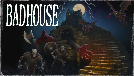 Bad House - Jaquette du jeu avec escalier menant à une maison inquiétante, des monstres partout sous un clair de lune