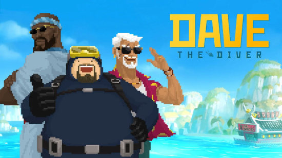 Illustration officielle de Dave the Diver avec Dave, Bancho et Cobra, personnages principaux du jeu