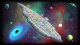 Vue d'une grande base spatiale sur astéroïde dans The Spatials Galactology, soucoupes volantes au sol et planètes visibles en arrière-plan