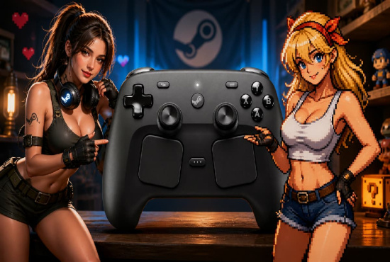 Close-up of the Valve Steam Controller 2026 featuring anti-drift TMR sticks, flanked by two graphic pinups