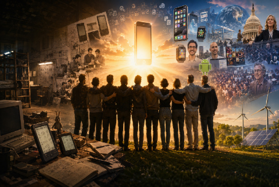 Les anciens de General Magic contemplant un smartphone lumineux, entourés par les vestiges de leurs anciens bureaux en arrière-plan, symbolisant la transition de leurs premiers prototypes vers les grandes révolutions technologiques modernes comme Android et les objets connectés.